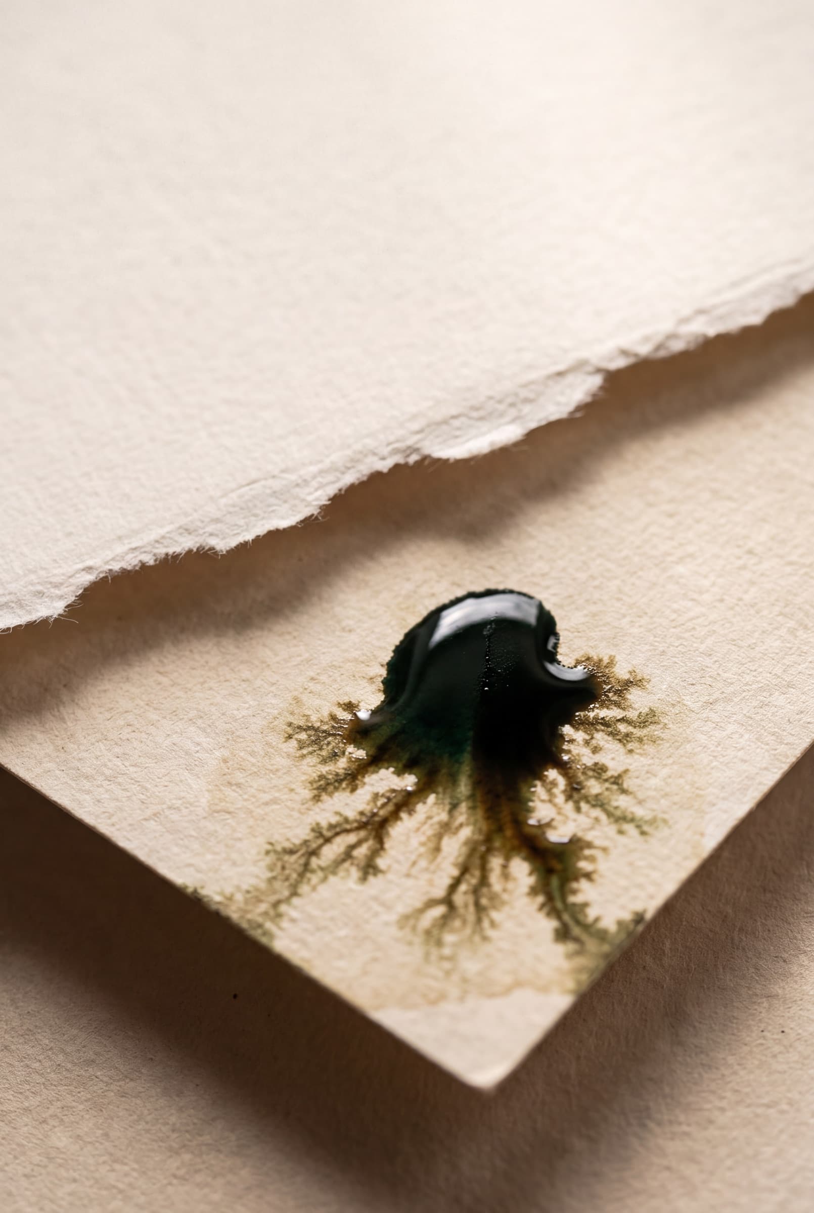 A drop of dark ink spreading into the fibres of handmade paper.