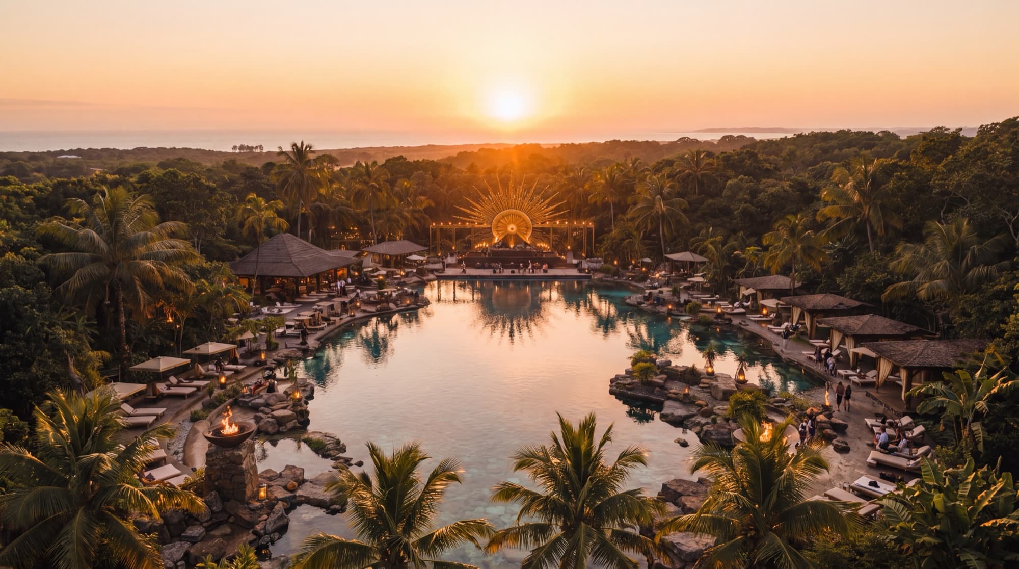 APACHE at sunset from above: the lagoon, the pavilions and the sun crown, with the sea behind.