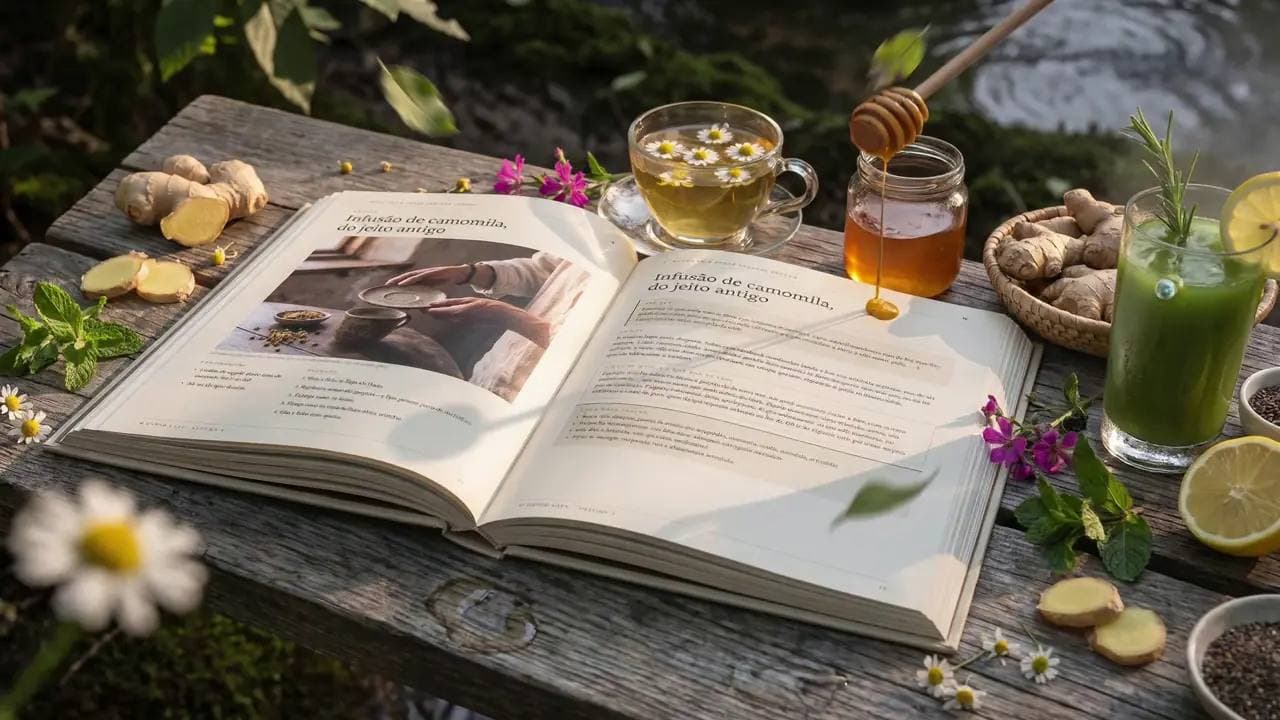 Casa Nativa: the book open on a wooden table by the river, with chamomile tea and herbs.