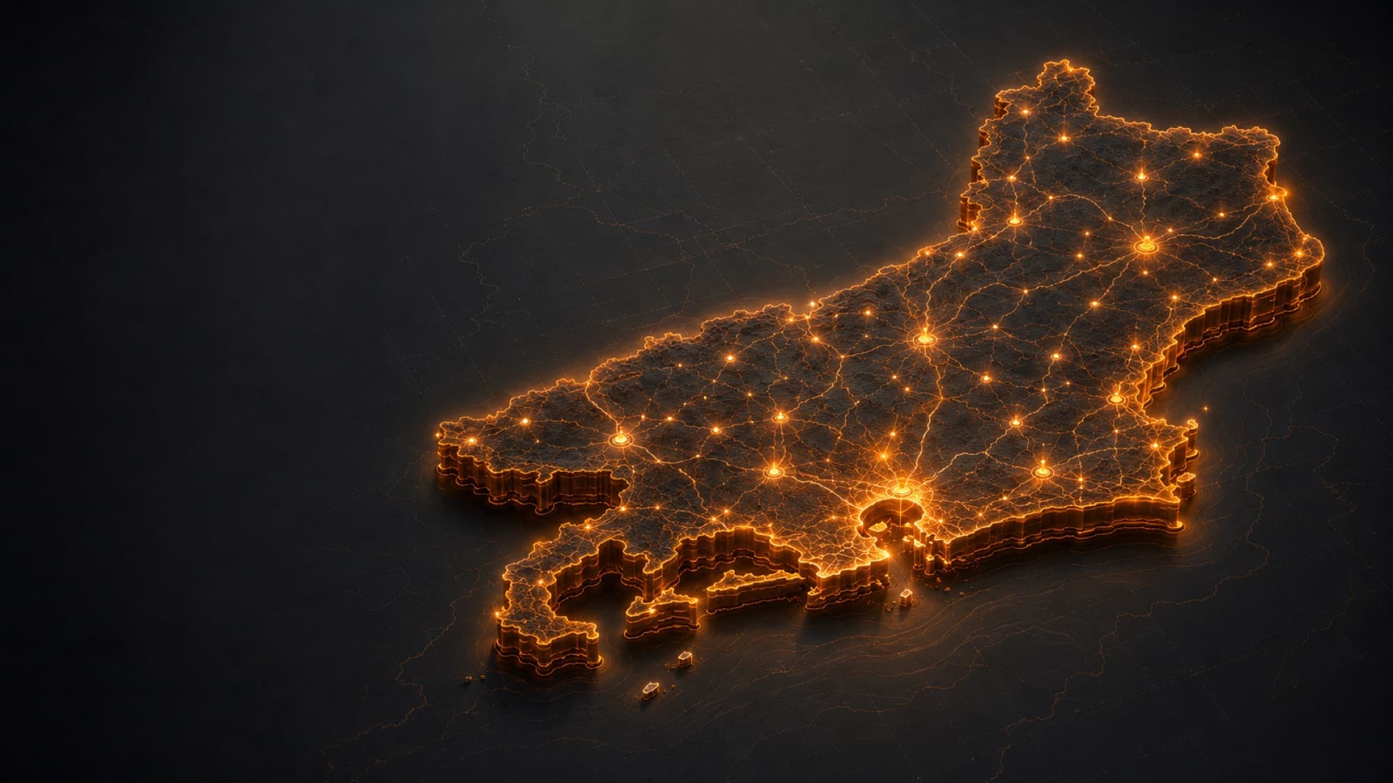 FARMARCAS: relief map of the state of Rio de Janeiro lit up as a network.