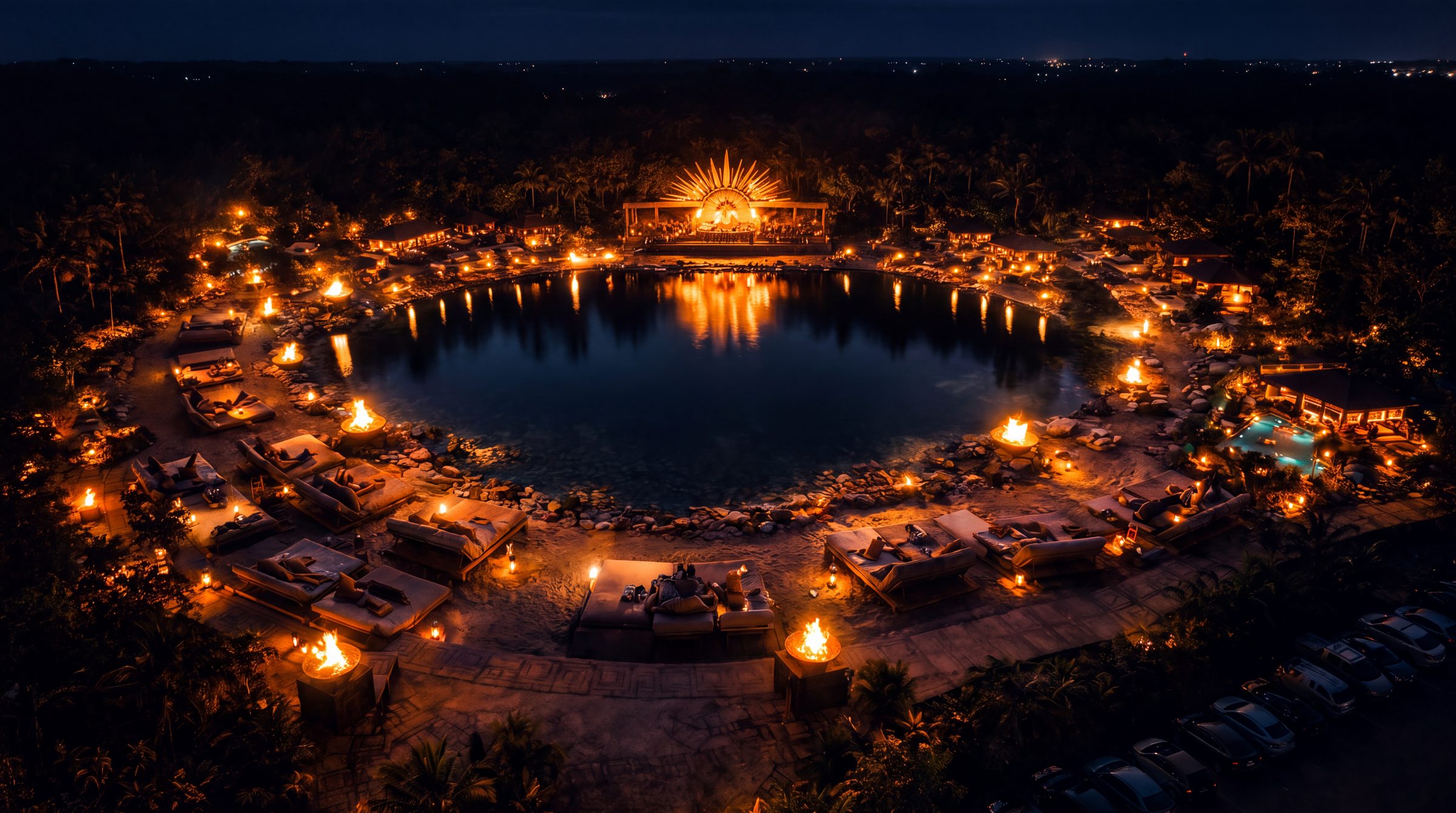 APACHE at night from above: the dark lagoon ringed by fire and the sun crown lit behind.