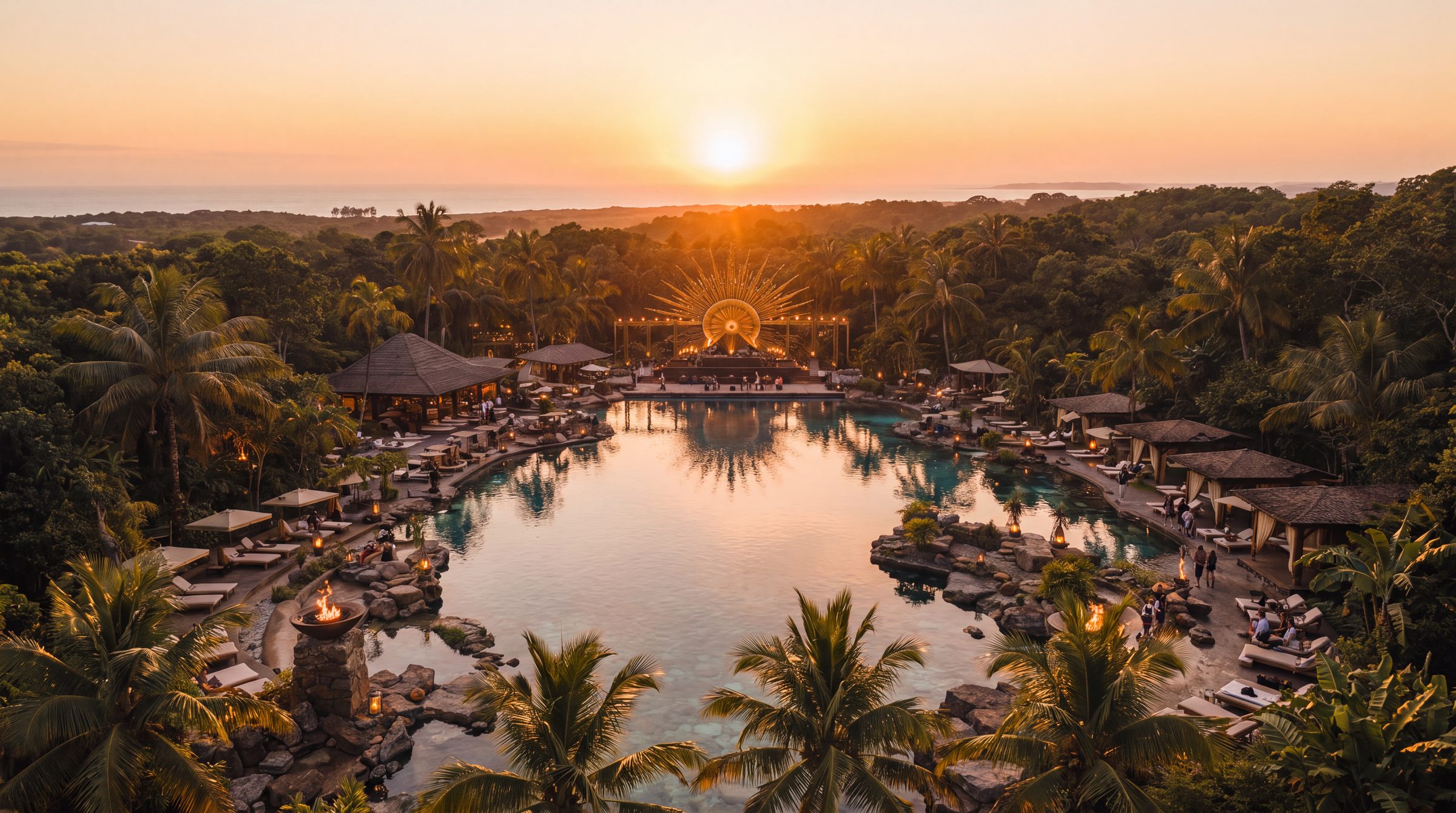 Aerial view of APACHE at sunset: the lagoon, the pavilions, the fire pillars and the sun crown on the axis, with the sea behind.