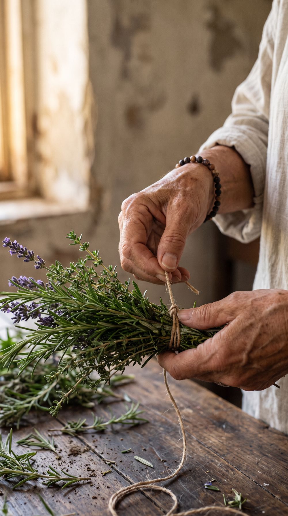 Hands tie a bundle of herbs with string.