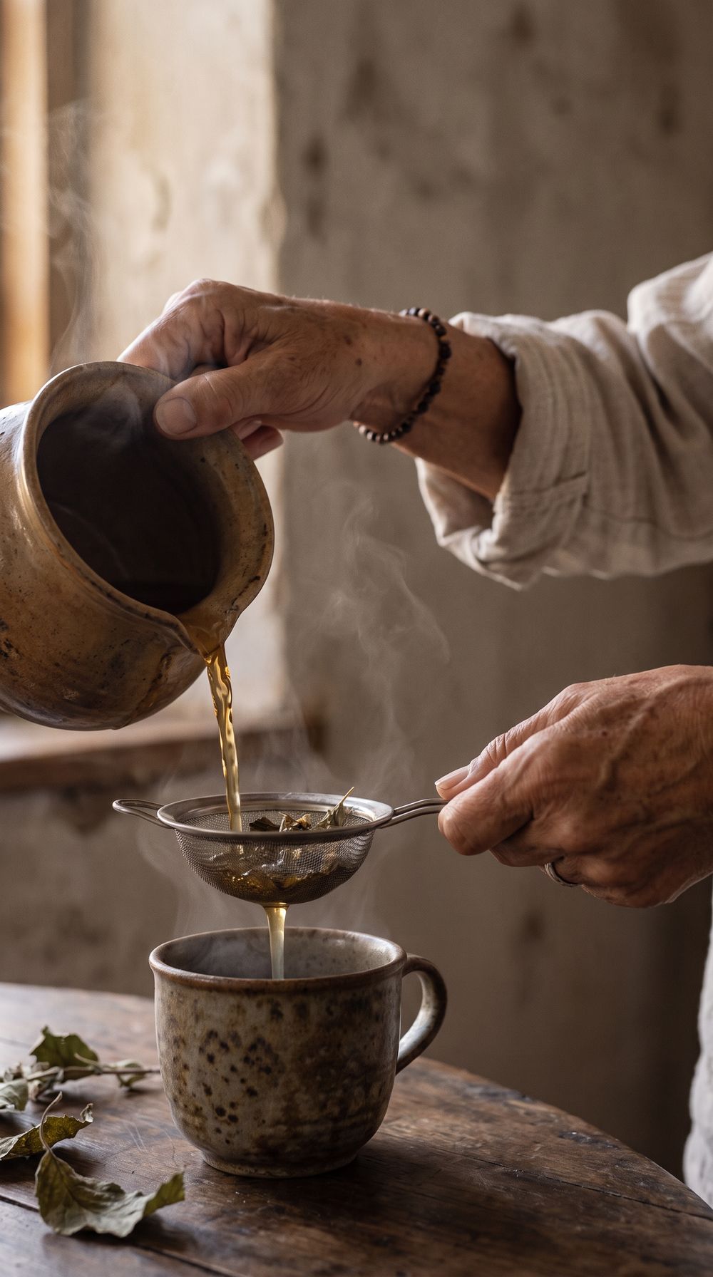 Hands straining tea into a ceramic mug.