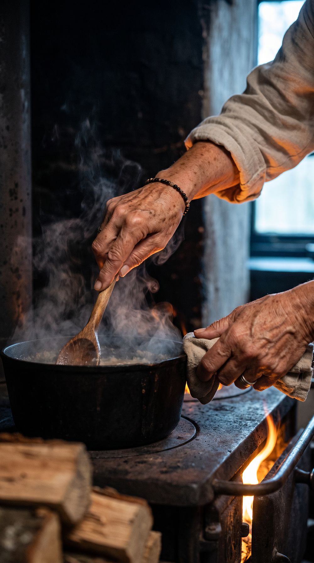 A hand stirs a pot on the wood stove.