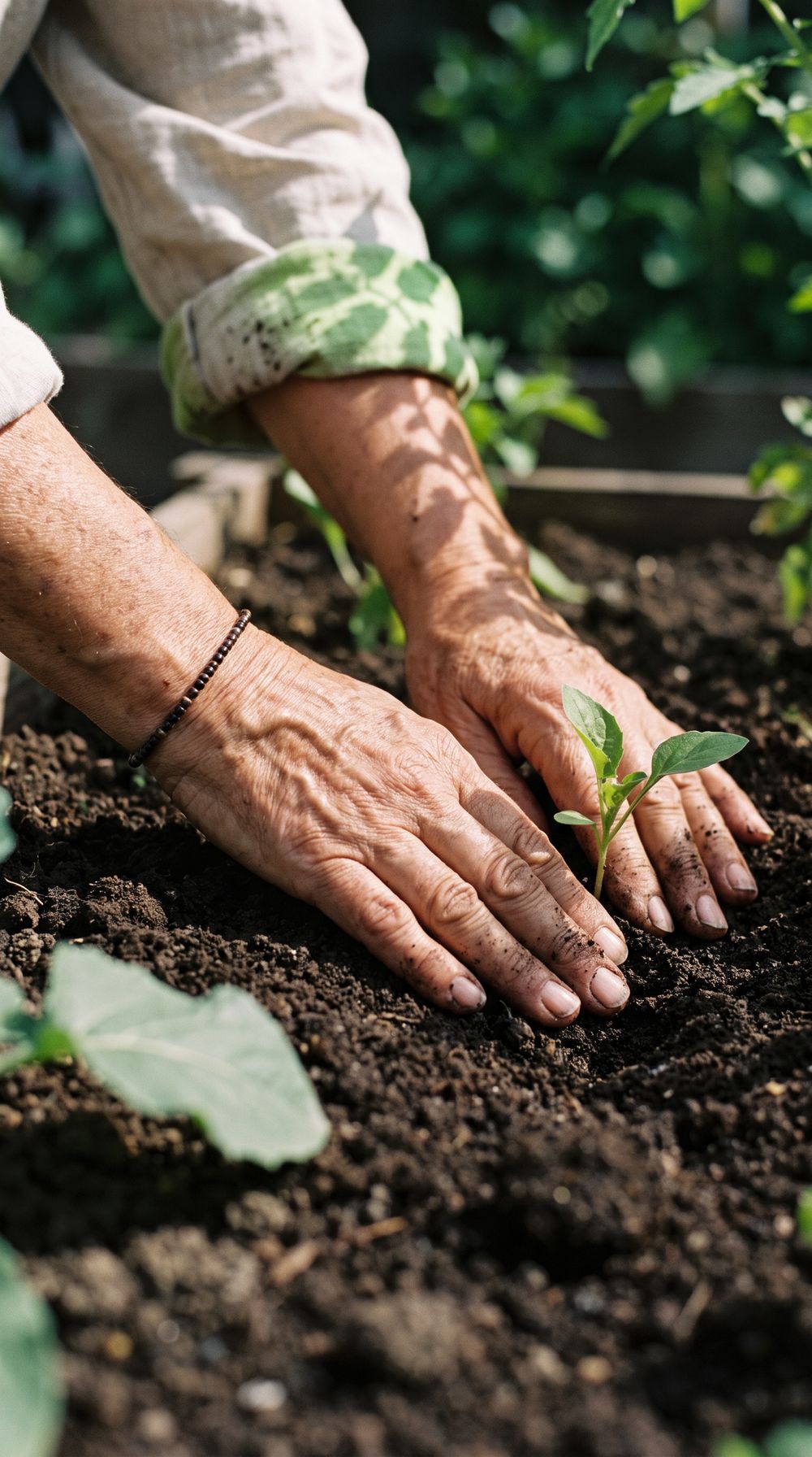 Hands planting a seedling in dark soil.