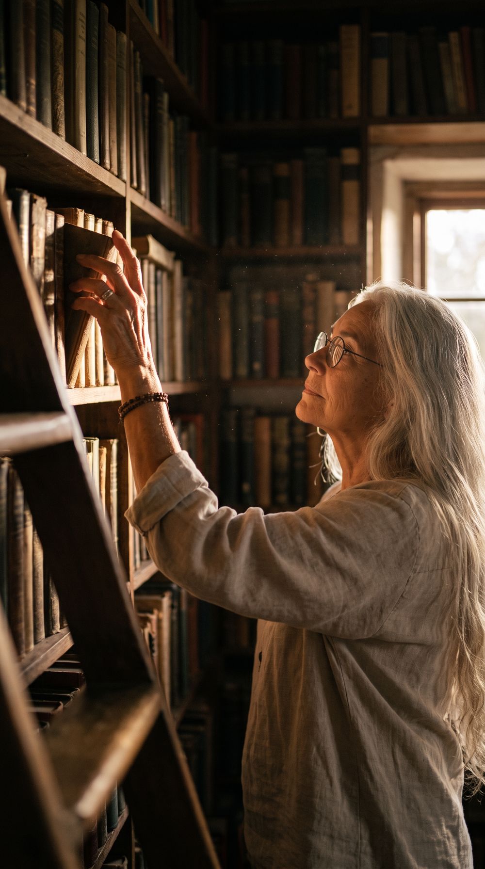 Nair looks for a book on the shelf.