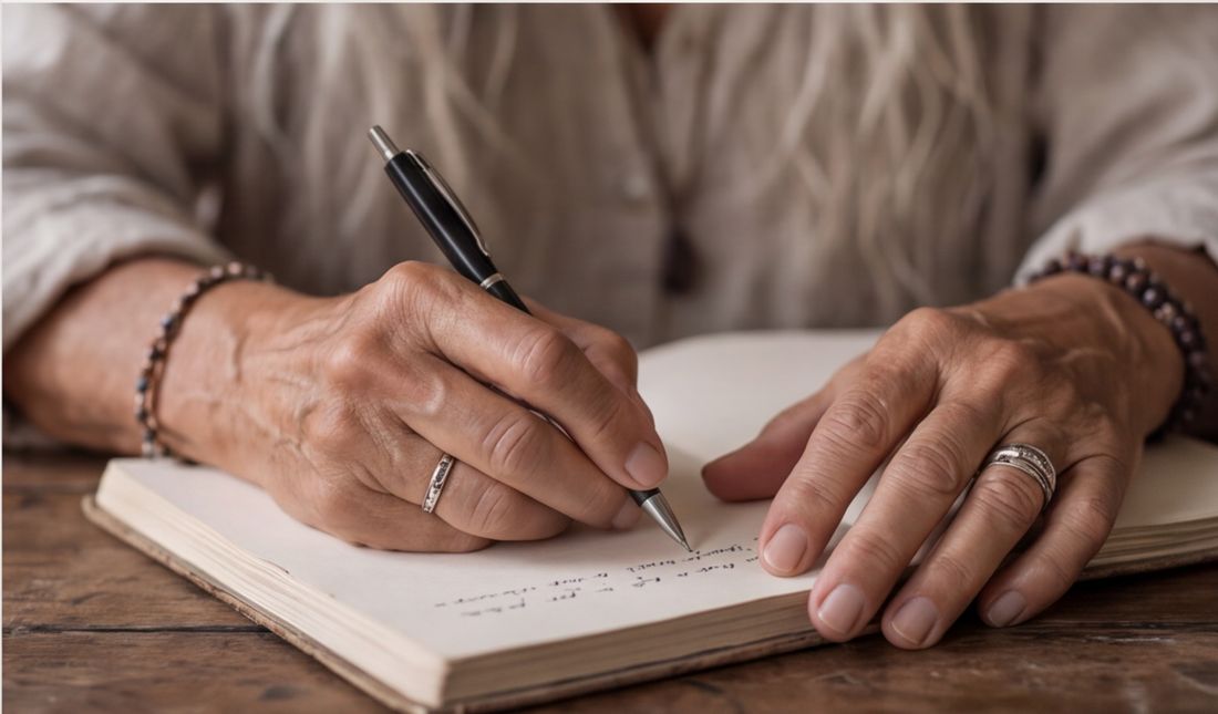 Nair writes in a notebook at a wooden table.
