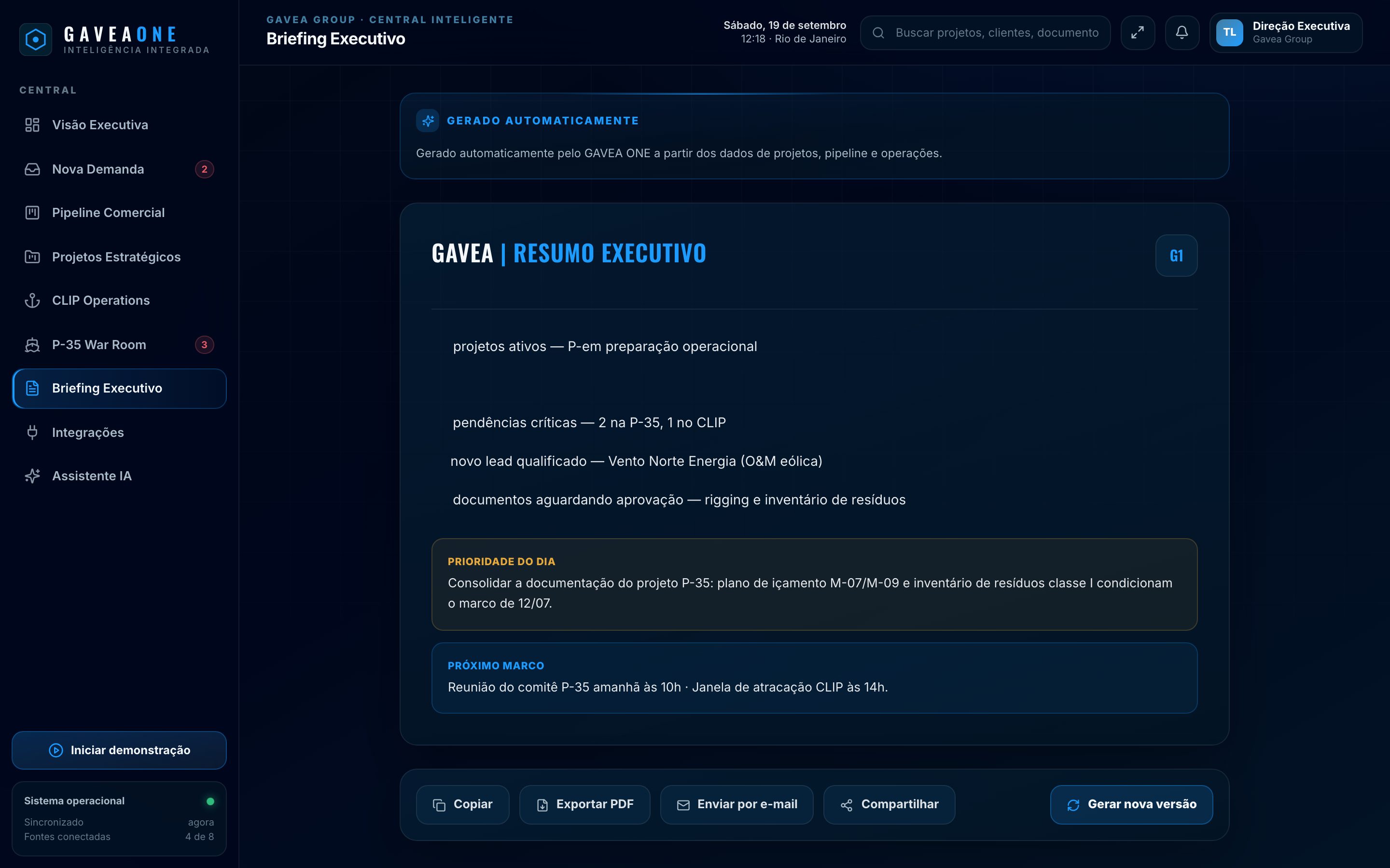 Executive briefing generated automatically, with the day's priority and the next milestone.