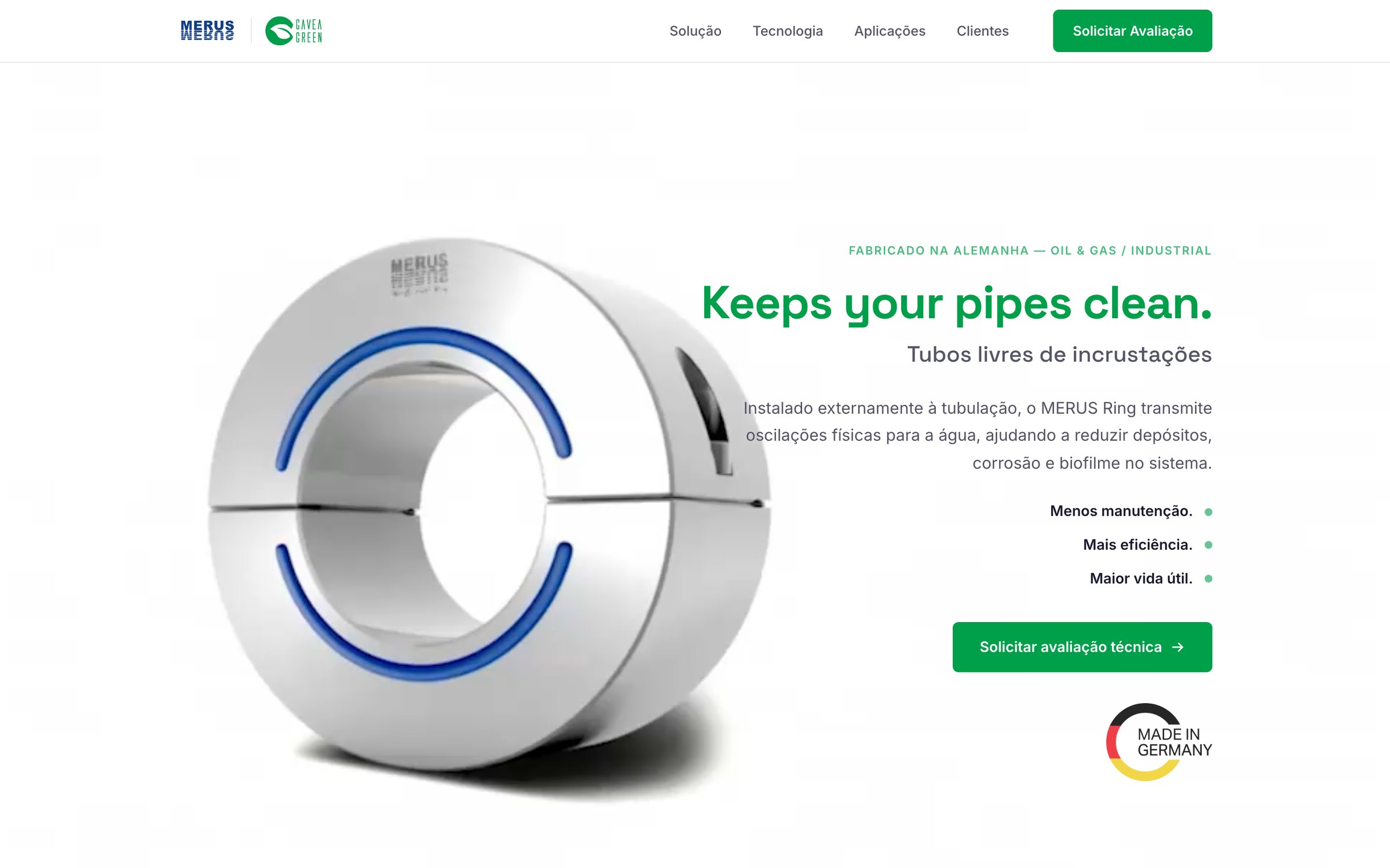 The first screen of the MERUS landing page, with the ring and the headline Keeps your pipes clean.