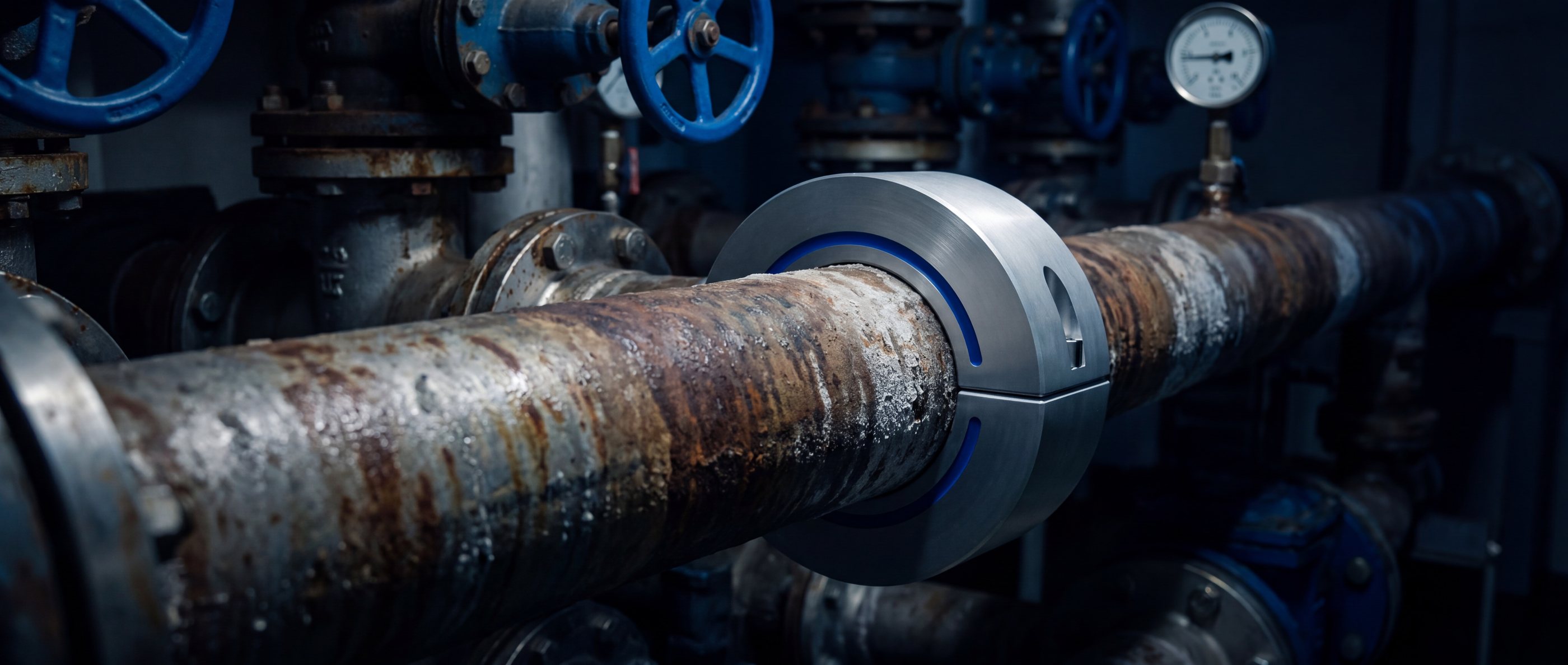 The MERUS ring fitted around a pipe in a plant room.