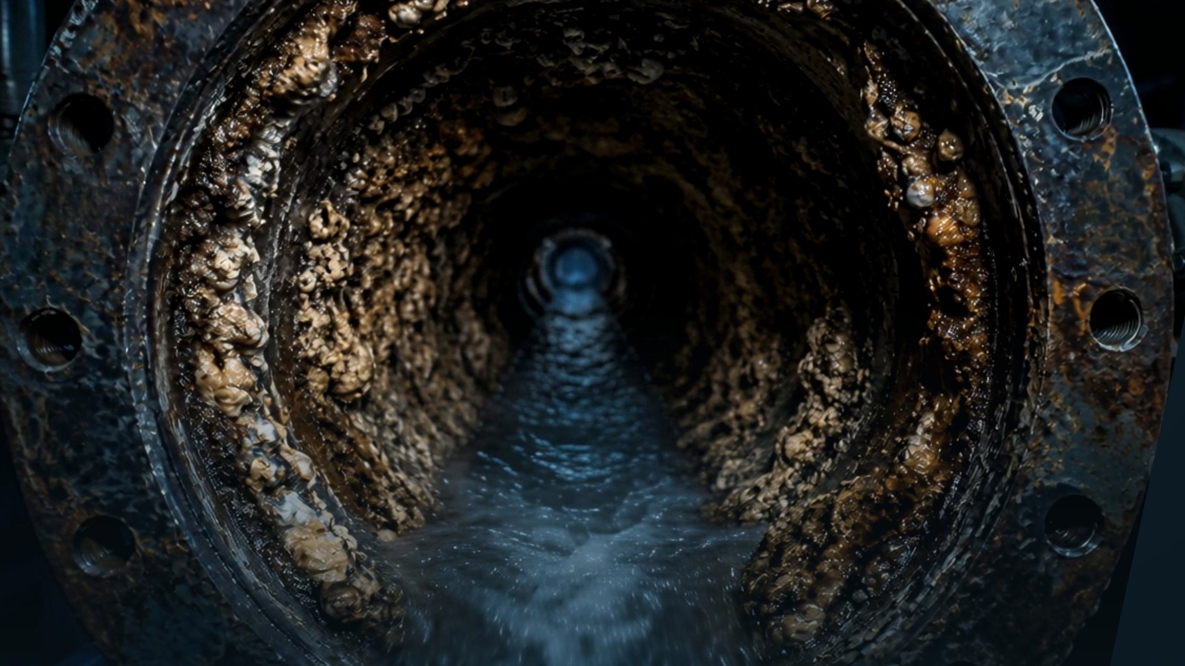 The inside of an industrial pipe taken over by scale.