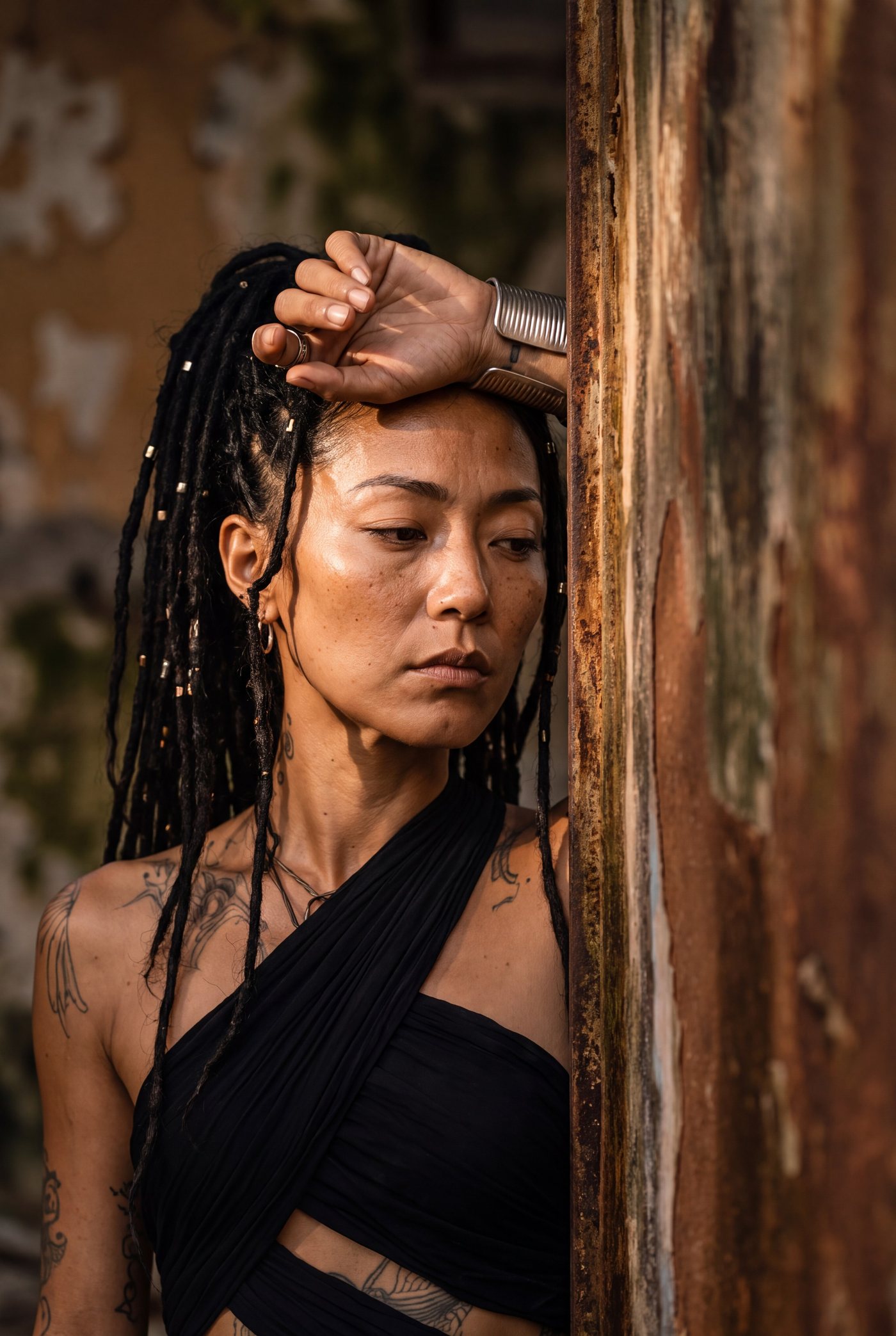 A woman leaning against an oxidised iron door, looking down.