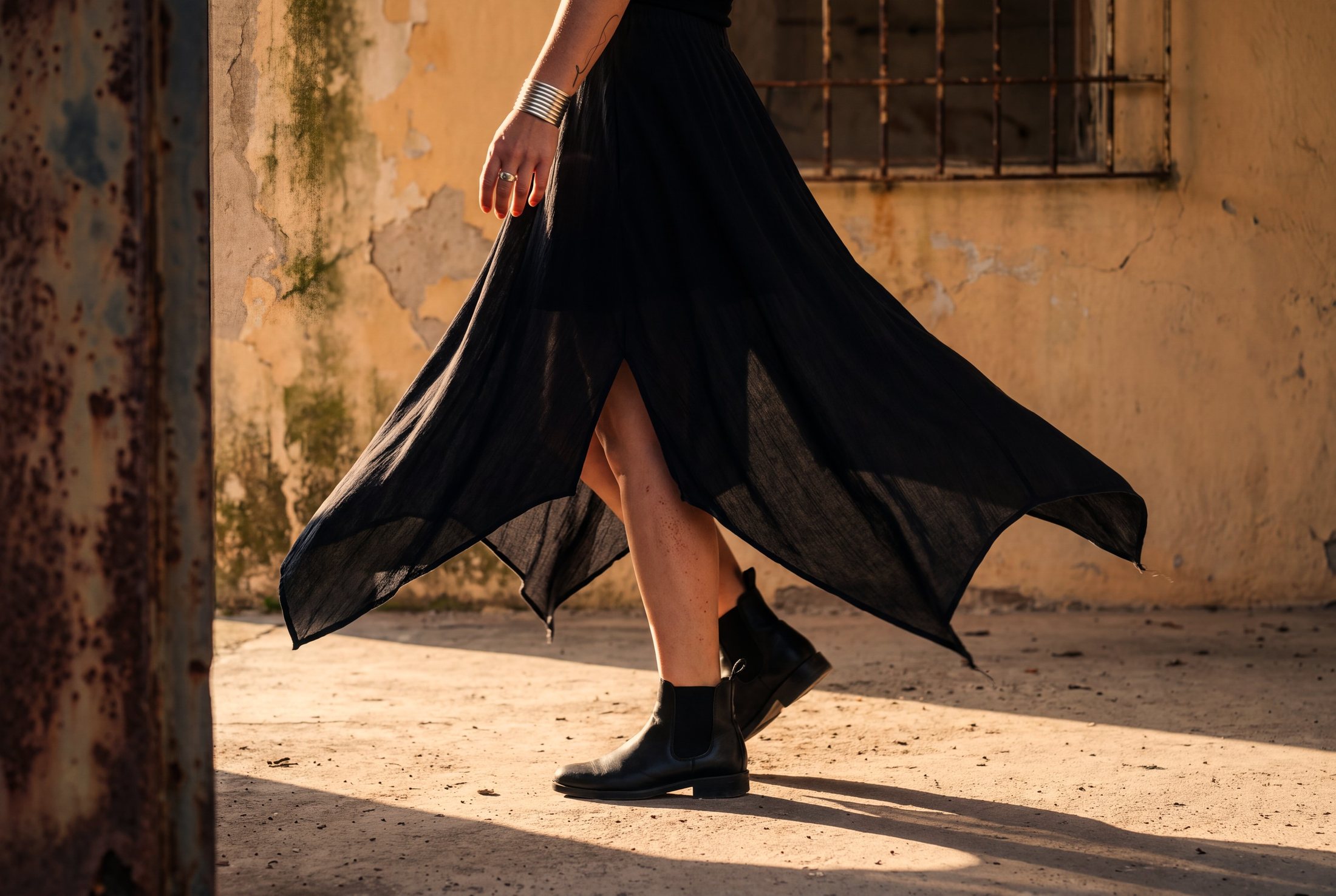 The pointed hem of a black skirt opening in an arc, from the waist down.