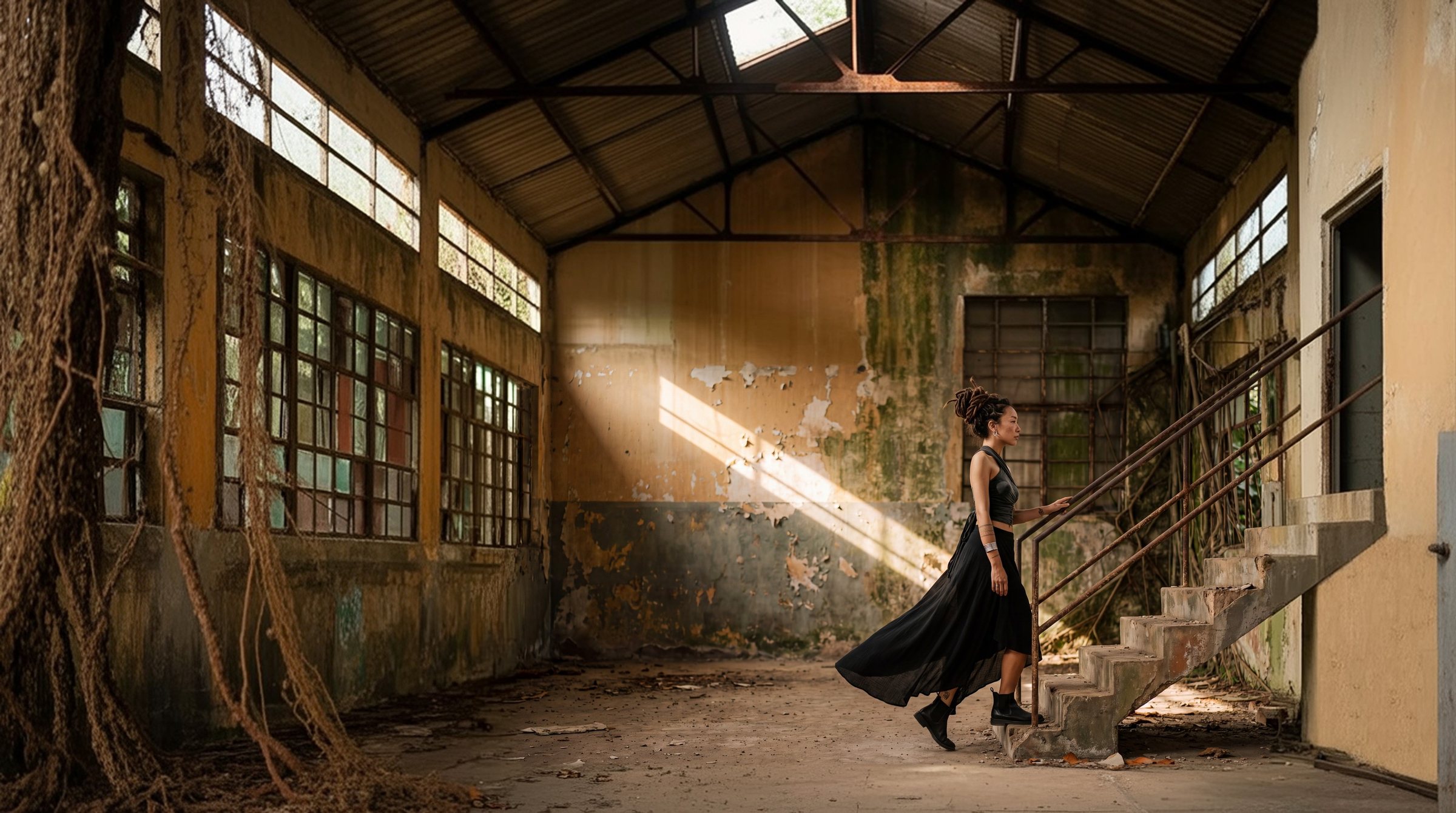 A ruined factory hall with a shaft of sunlight; she climbs a concrete staircase.