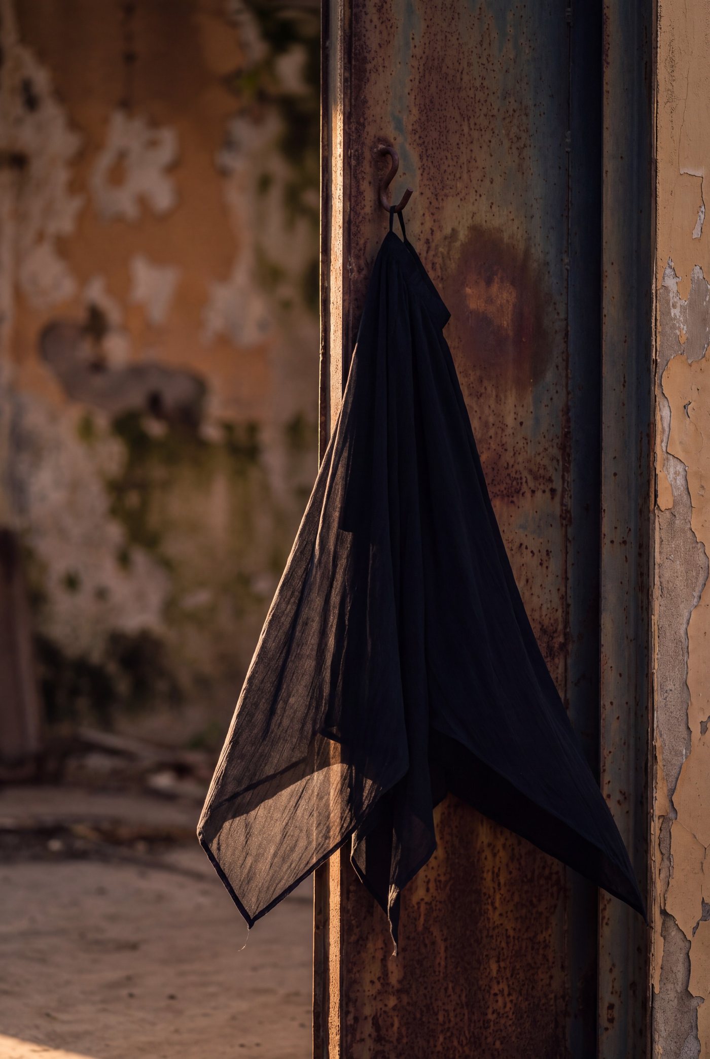 The black skirt hanging alone on a hook on the iron door.