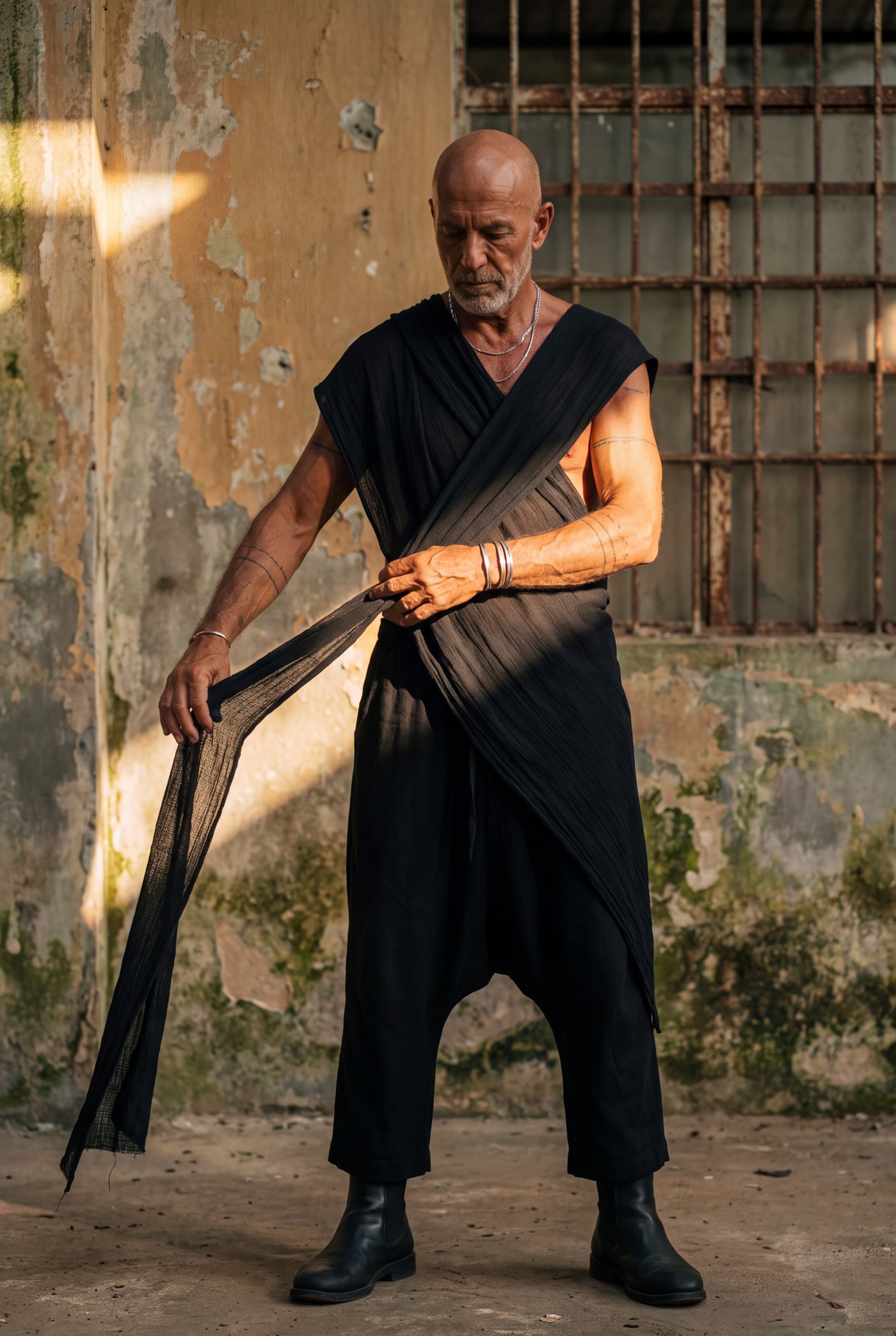 An older bald man with a grey beard adjusts a band of black gauze across his chest.