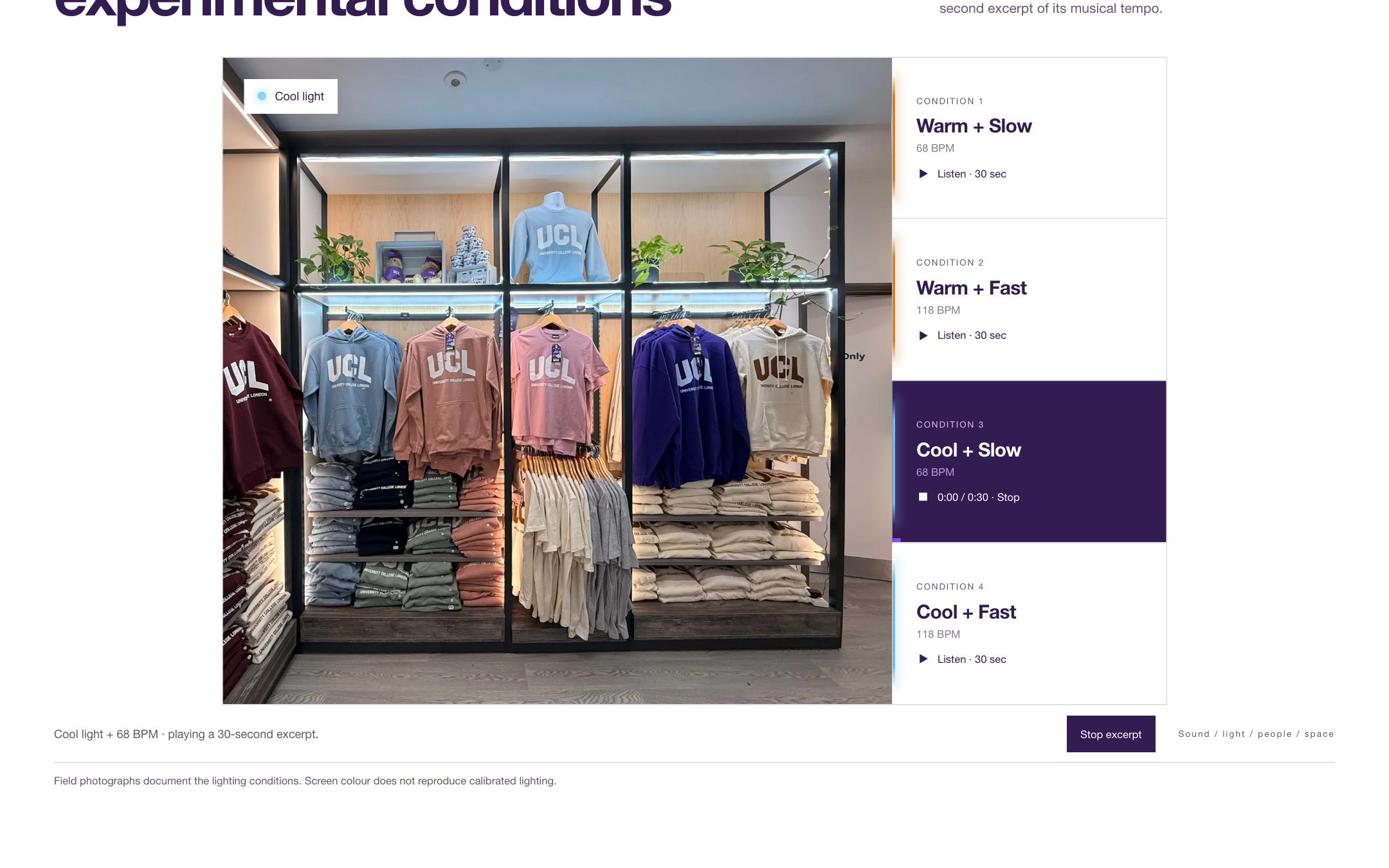 The conditions scene: the shelf photo changes light and plays a 30-second excerpt.